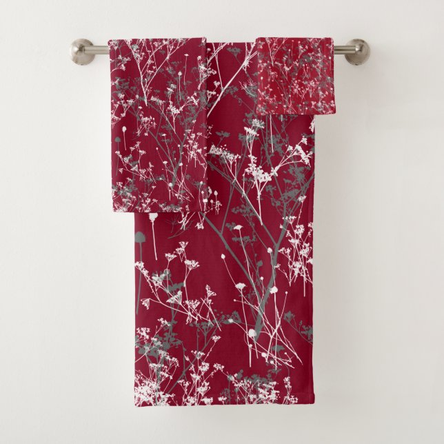 Modern Elegant Abstract Wildflowers Burgundy Grey Bath Towel Set (Insitu)