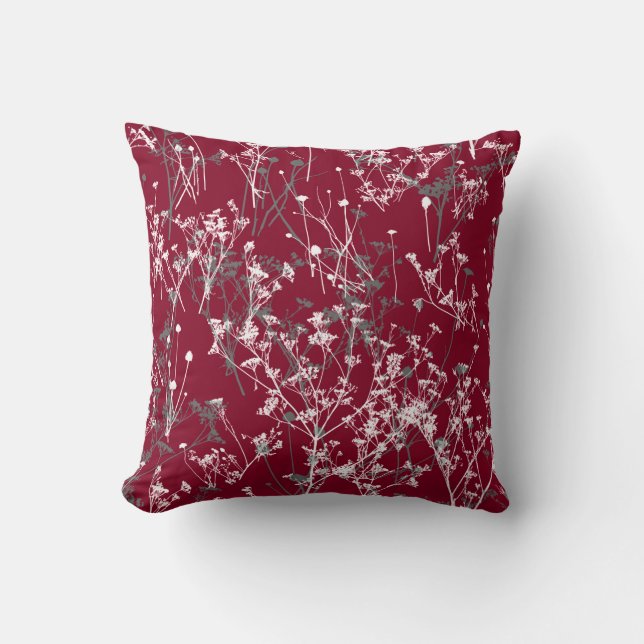 Modern Elegant Abstract Wildflowers Burgundy Grey Cushion (Front)