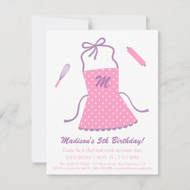 Modern Elegant Apron Cooking Baking Birthday Party Invitation (Front)