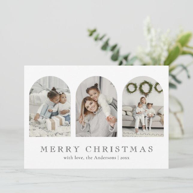 Modern Elegant Arch 3 Photo Collage Christmas Holiday Card (Standing Front)