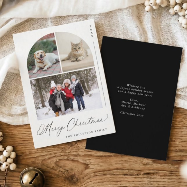 Modern Elegant Arch Family Photo Christmas Holiday Card (Modern elegant calligraphy Christmas Cards with arch shaped photo collage in black and white.)