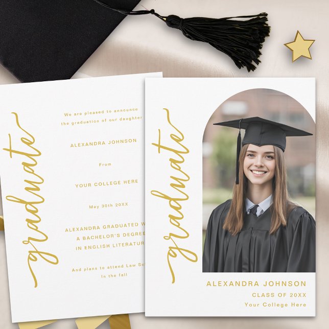 Modern Elegant Arch Photo Announcement (Modern elegant arch photo graduation announcement card gold script minimalist Stylish trendy)