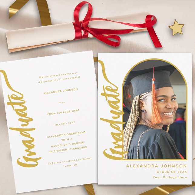 Modern Elegant Arch Photo Graduation  Announcement (Elegant modern gold script arch photo white Graduation announcement card.)