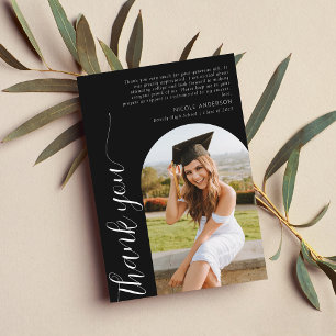 Modern Elegant Arch Photo Script Graduation Black Thank You Card