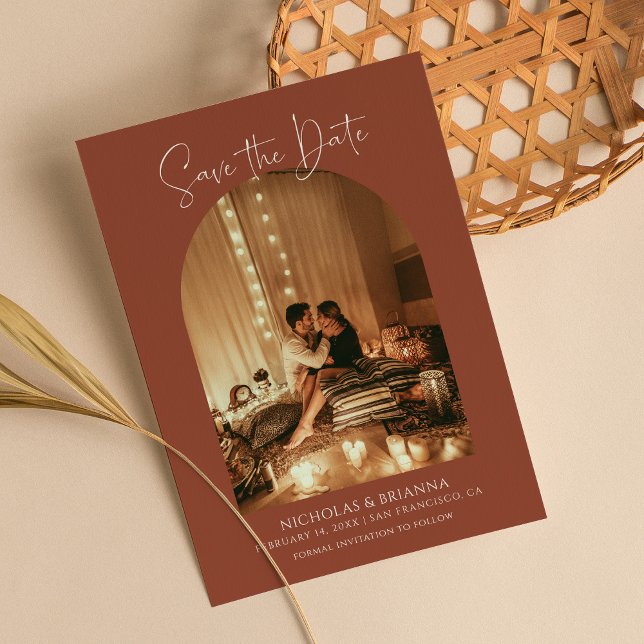 Modern Elegant Arch Photo Terracotta Boho Wedding Save The Date (Creator Uploaded)