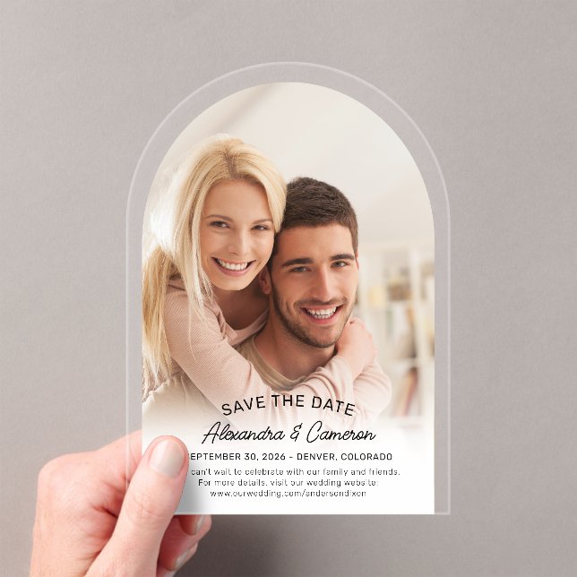 Modern Elegant Arch Script Photo Save The Date Acrylic Invitations (Insitu (Handheld))