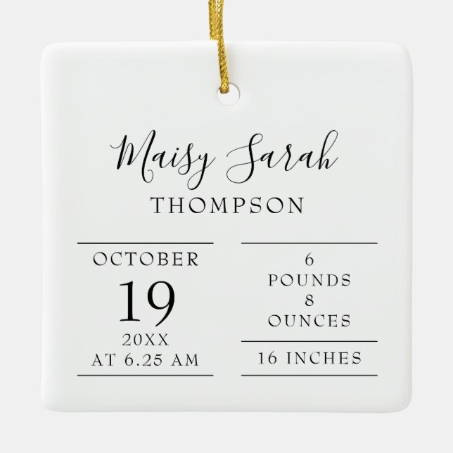 Modern Elegant Baby Birth Stats Photo Ceramic Ornament (Front)