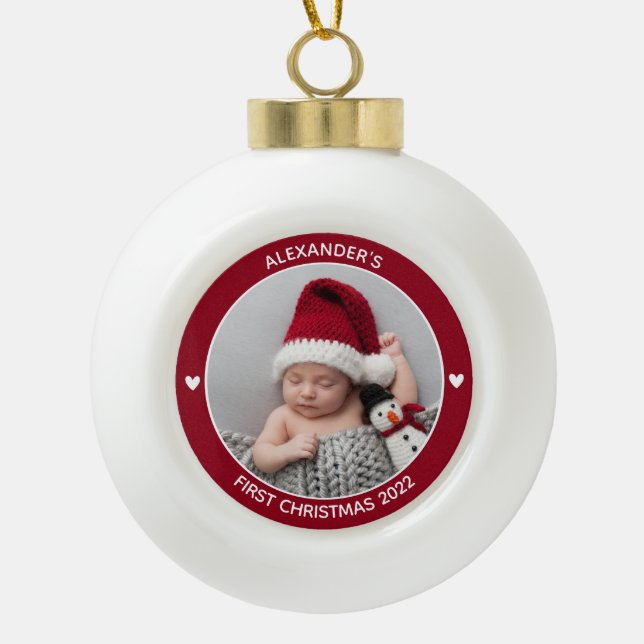 Modern Elegant Baby First Christmas Keepsake  Ceramic Ball Christmas Ornament (Front)