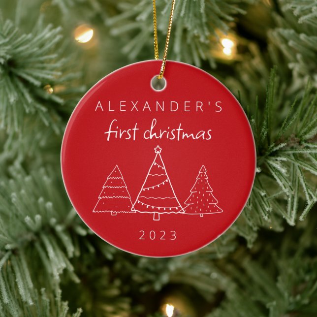 Modern Elegant Baby First Christmas Photo Red Ceramic Tree Decoration (Tree)
