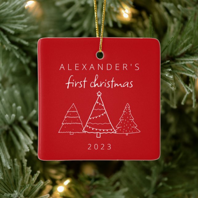 Modern Elegant Baby First Red Christmas Photo Ceramic Ornament (Tree)