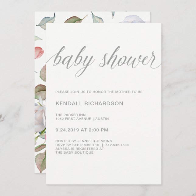 Modern Elegant Baby Shower | Delicate Floral Back Invitation (Front/Back)