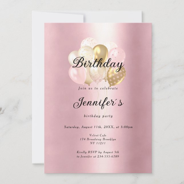 Modern, elegant balloon Gold Rosa Invitation (Front)