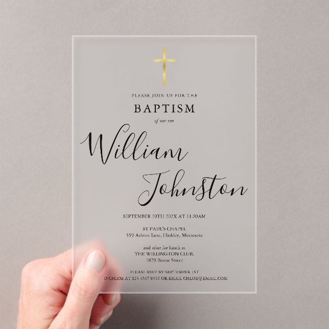Modern Elegant Baptism Christening Gold Cross  Acrylic Invitations (Insitu (Handheld))