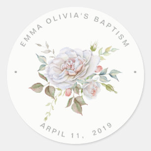 Modern Elegant Baptism   Delicate Floral Classic Round Sticker