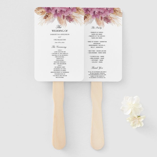 Modern Elegant Beauty Pink Orchid & Pampas & Gold  Hand Fan (Front and Back)