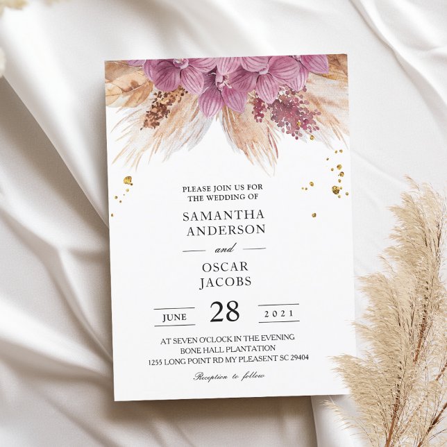 Modern Elegant Beauty Pink Orchid & Pampas & Gold  Invitation (Creator Uploaded)