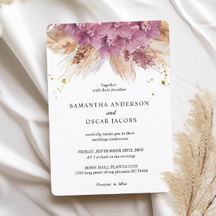 Modern Elegant Beauty Pink Orchid & Pampas & Gold Invitation