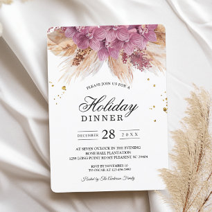 Modern Elegant Beauty Pink Orchid & Pampas & Gold Invitation