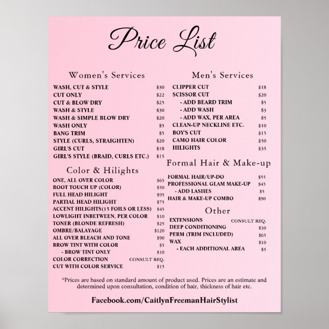 Modern Elegant Beauty Salon Price List Poster (Front)