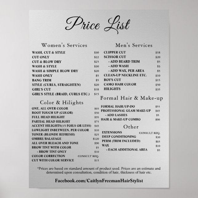 Modern Elegant Beauty Salon Price List Poster (Front)