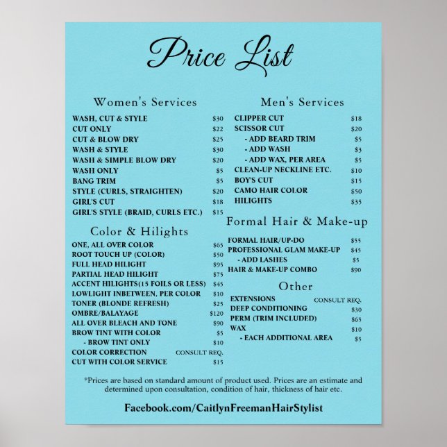 Modern Elegant Beauty Salon Price List Poster (Front)