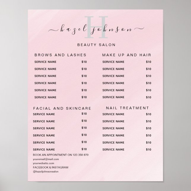 Modern Elegant Beauty Salon Price List Poster (Front)