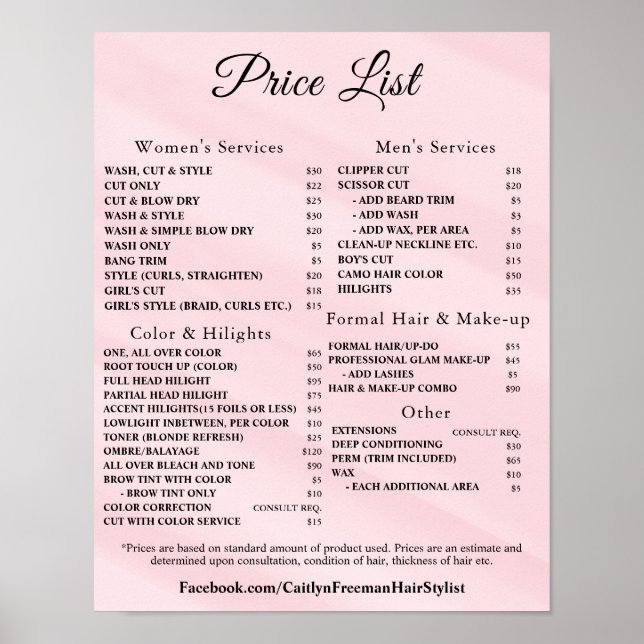 Modern Elegant Beauty Salon Price List Poster (Front)