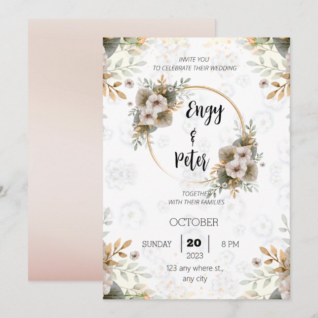 Modern Elegant beige and green wedding invitation  (Front/Back)