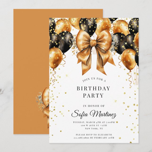 Modern Elegant Birthday Party Black Gold On White Invitation (Front/Back)