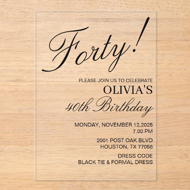 Modern Elegant Birthday Party Black Text Acrylic Invitations (Front)