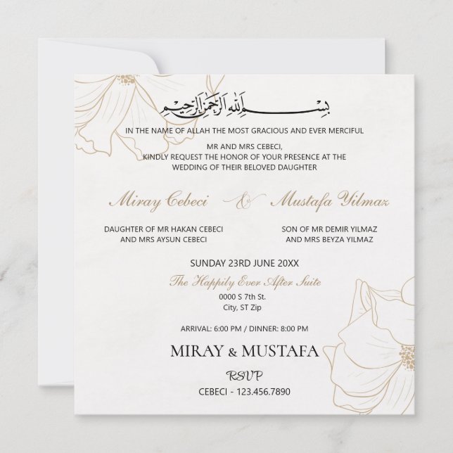 Modern Elegant Bismillah Islamic Muslim Wedding  Invitation (Front)