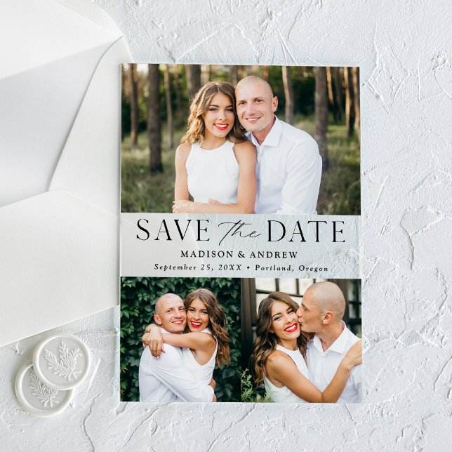 Modern Elegant Black 3 Photo Save the Date Acrylic Invitations (Creator Uploaded)