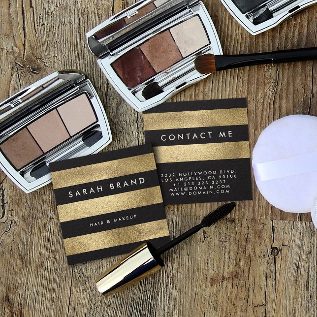 Modern Elegant Black and Faux Gold Foil Stripes Square Business Card (Creator Uploaded)