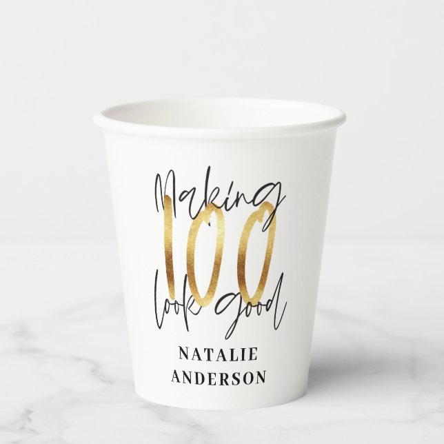 modern elegant black and gold 100th birthday party paper cups (Front)