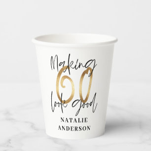modern elegant black and gold 60th birthday party paper cups