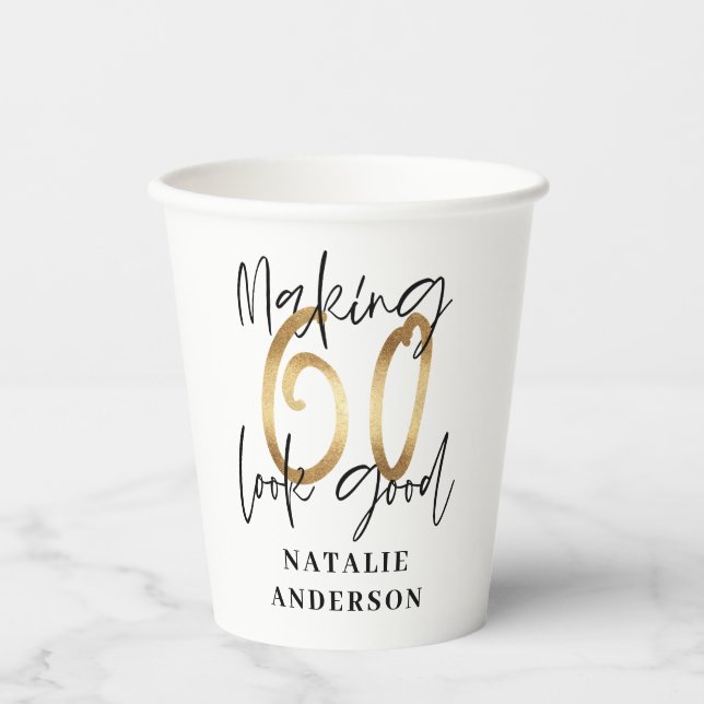 modern elegant black and gold 60th birthday party paper cups (Front)