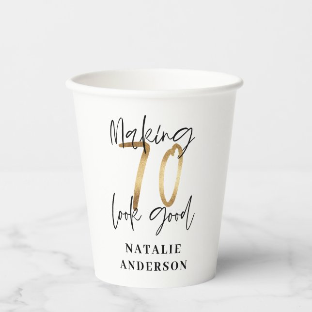 modern elegant black and gold 70th birthday party paper cups (Front)