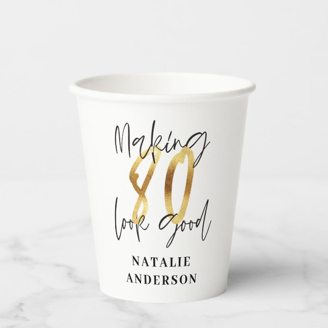 modern elegant black and gold 80th birthday party paper cups (Front)