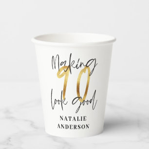modern elegant black and gold 90th birthday party paper cups