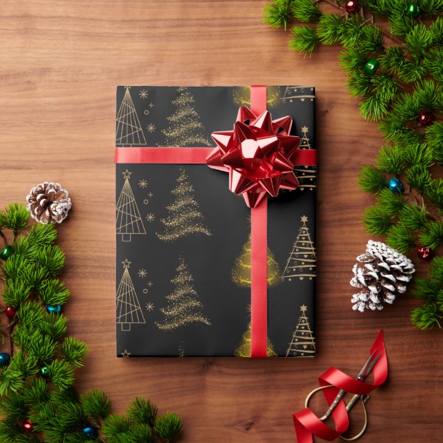Modern Elegant Black and Gold Christmas Tree Wrapping Paper (Holiday Gift)
