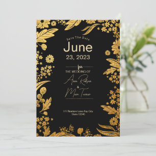Modern Elegant Black And Gold Floral Save the date