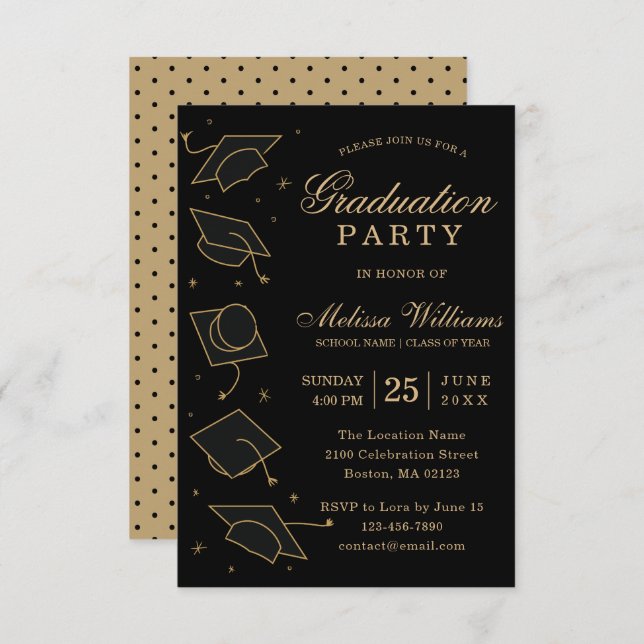 Modern Elegant Black and Gold Graduation Party Invitation (Front/Back)