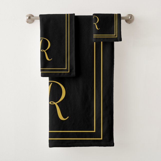 Modern Elegant Black and Gold Monogram Bath  Bath Towel Set (Insitu)
