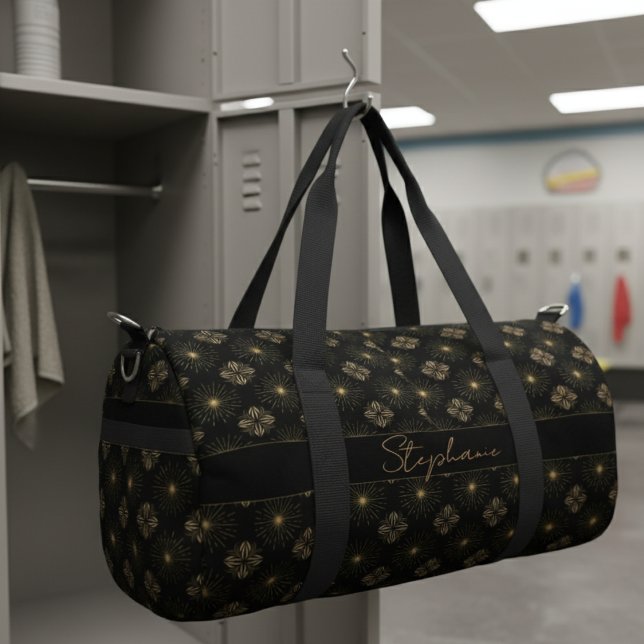 Modern Elegant Black And Gold Monogram Name Duffle Bag (Creator Uploaded)