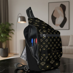 Modern Elegant Black And Gold Monogram Name Sling Bag