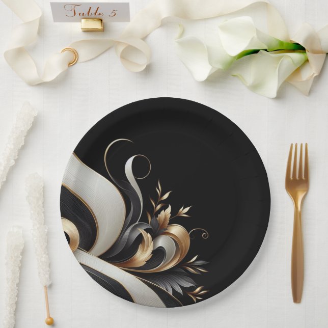 Modern Elegant Black and Gold  Paper Plate (Wedding)