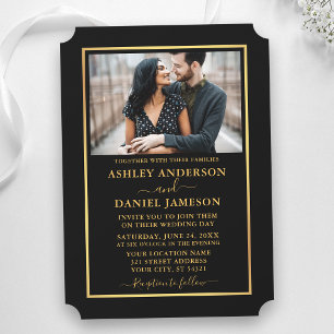 Modern Elegant Black and Gold Ticket Style Wedding Invitation