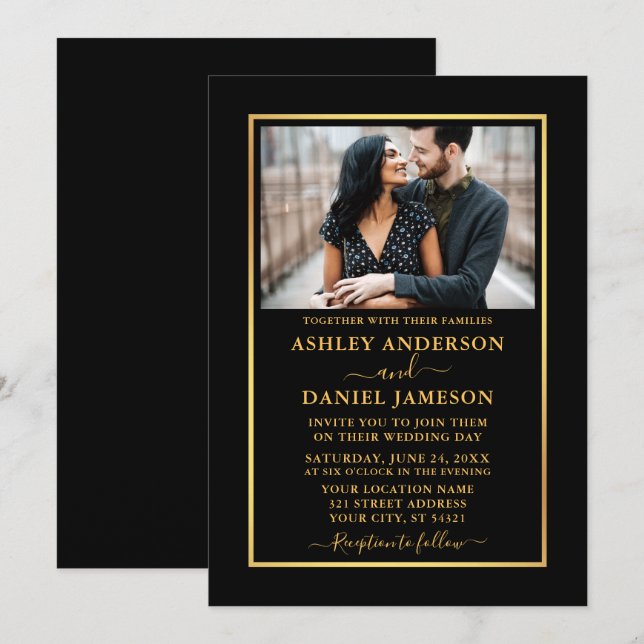 Modern Elegant Black and Gold Wedding Invitation (Front/Back)