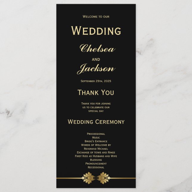 Modern Elegant Black and Gold Wedding Programme (Front)
