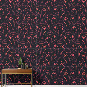 Modern & Elegant Black And Pink Foliage & Swirls Wallpaper